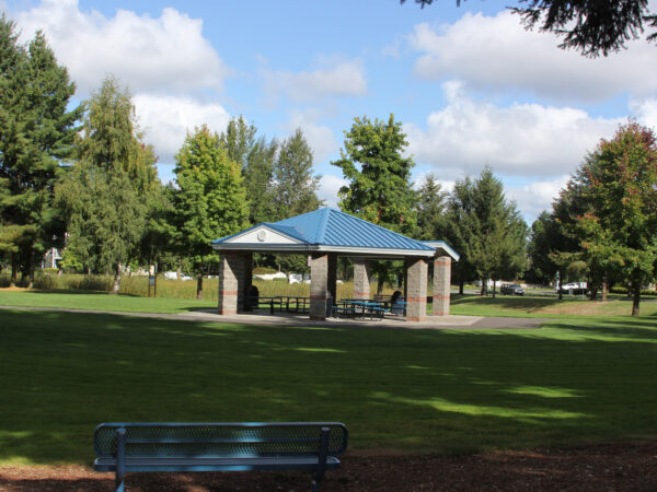 park green leading to picnic shelter