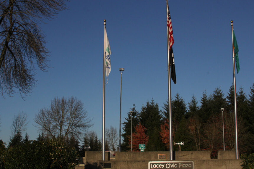 civic park sign and flags