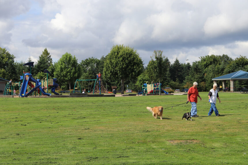 couple with leashed dog walking on green away from play equipment
