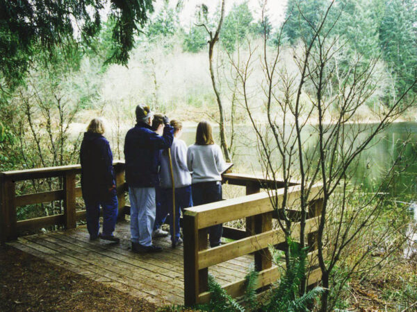 people at lois park reserve looking out on the lake