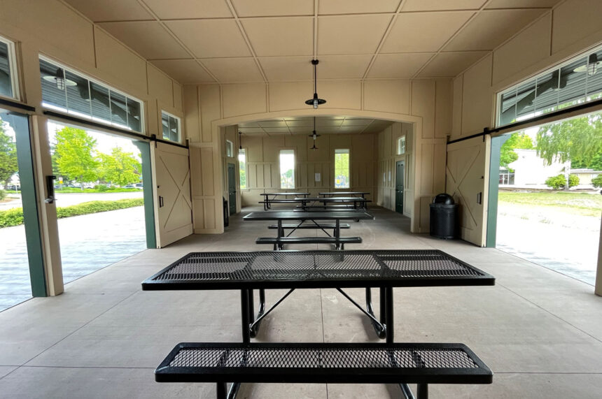 picnic tables under a shelter